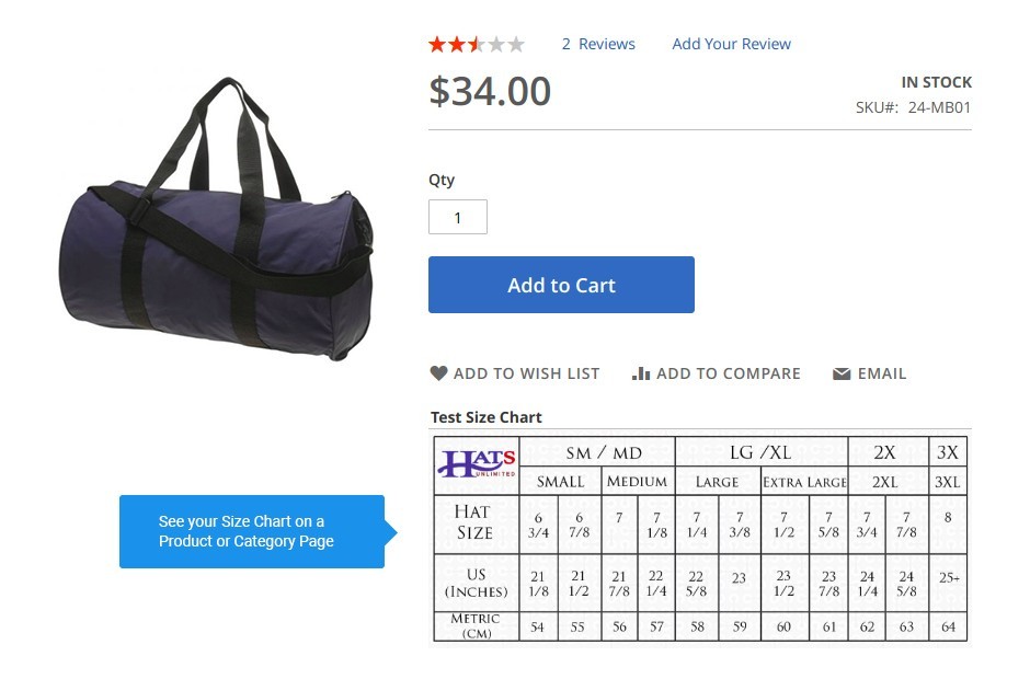 Size Chart block on a Product Page